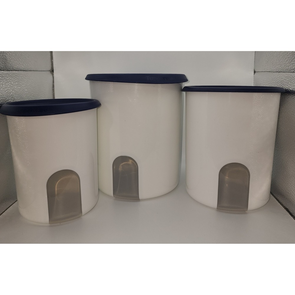 Tupperware Modular Mates One Touch Canister Set White Navy Blue 3 Piece Nesting